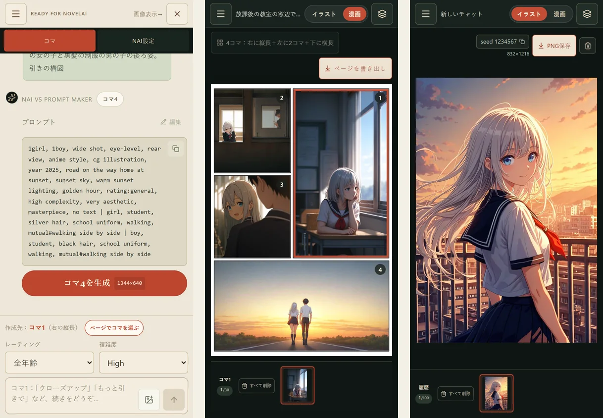 スマホでの漫画モードのチャット、漫画のページ、イラストモードの画像表示